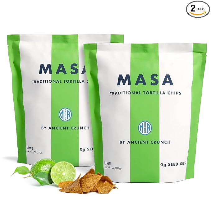 MASA Chips - Lime Flavored Tortilla Chips, Handmade Corn Chips & Crisps - Naturally Grown White Corn, Made with Grass Fed Tallow & Sea Salt - 2 Pack, 5 Ounce Each