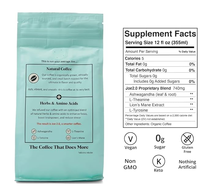 Joe 2.0 - Mushroom Coffee with Lion?™s Mane & Ashwagandha ??Nootropic Ground Coffee for Focus, Calm Energy & Clarity ??Joe 2.0 Medium Roast ??20 Servings (11 oz)