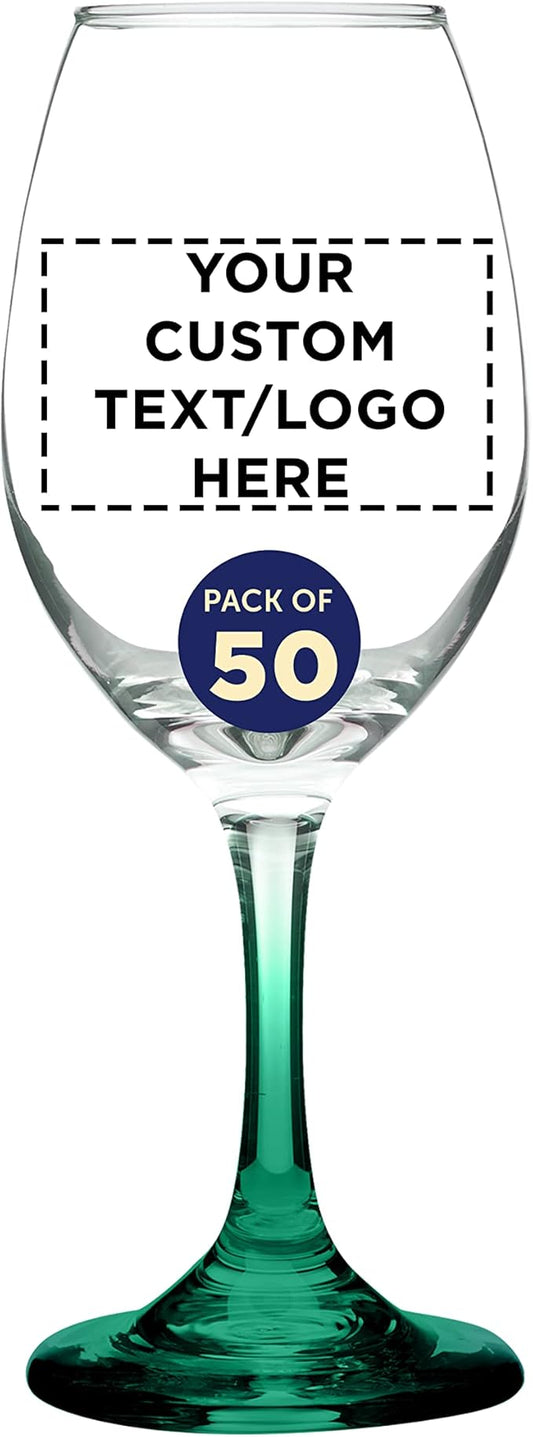 Custom Rioja Wine Glasses with Stem 10 oz. Set of 50, Personalized Bulk Pack - Color Bottom, Perfect for Wedding, Party Favors, Birthday, Bridal Shower Gifts - Green