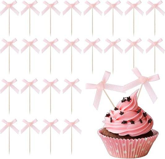24Pcs Pink Bow Birthday Decorations Cupcake Toppers Supplies Pink Bow Baby Shower Cupcake Toppers Decorations for Girl Party Supplies Coquette Birthday Decorations