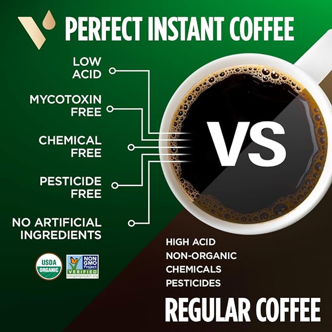 VitaCup Perfect Low Acid Instant Coffee Packets, Dark Roast Coffee, USDA Organic & Fair Trade, Third Party Tested for Mycotoxins & Pesticides, Single Origin, Clean & Pure, 24 ct