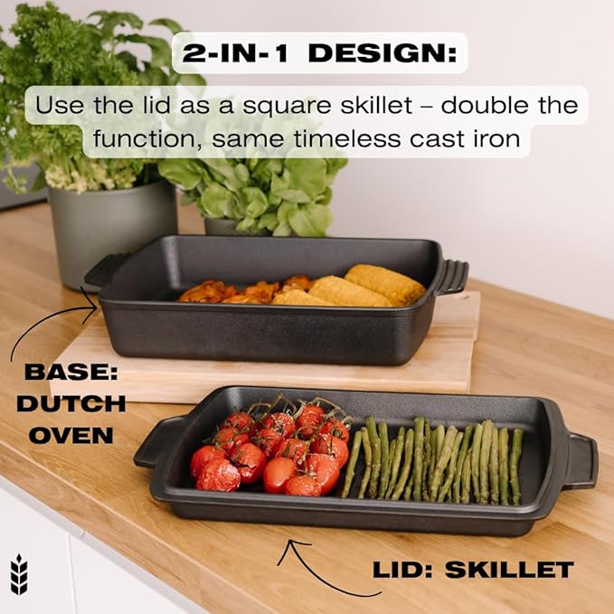 Kuha 2-in-1 Square Cast Iron Dutch Oven, 6 QT ??Skillet Lid & Casserole Dish, Pre-Seasoned 13?? Baking/Roasting Pan, Oven-Grill-Campfire Safe, Comes with Chainmail Scrubber