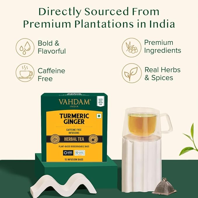 VAHDAM, Turmeric Ginger Herbal Tea Bags (15 Pyramid Tea Bags) Caffeine Free, Non GMO, Gluten Free | 100% Pure Herbal Blend - Savory & Spicy | Individually Wrapped Pyramid Tea Bags | Direct from Source