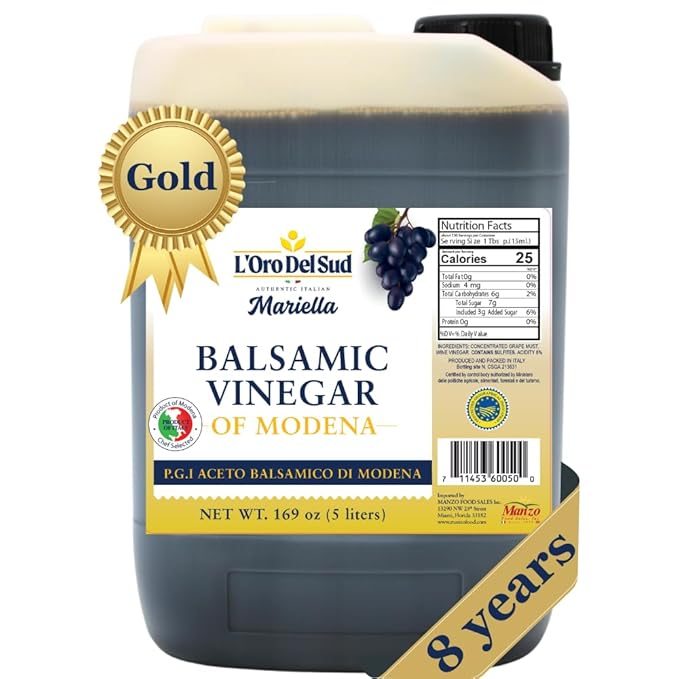 L'Oro Del Sud Ultra Premium,"Gold Label" 8 year Aged Balsamic Vinegar of Modena, IGP Certified, Mariella, Make your own Glaze, Product of Italy, Bulk Packaging Refill, New Pack, 5 Liters (169 oz)