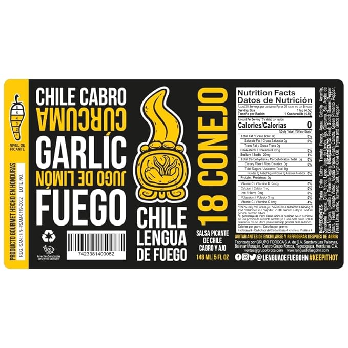 Hot Sauce | Chile Lengua de Fuego (Pack of 1, 18 Conejo) – Medium Heat Citrus & Turmeric Sauce with Scotch Bonnet, Garlic & Lime