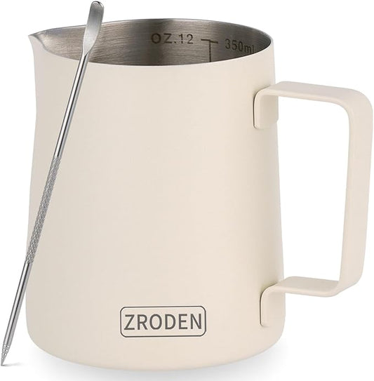 Milk Frothing Pitcher, 12oz Espresso Steaming Pitchers Stainless Steel Milk Coffee Cappuccino Barista Steam Pitchers Milk Jug Cup with Decorating Pen Latte Art, Matte White