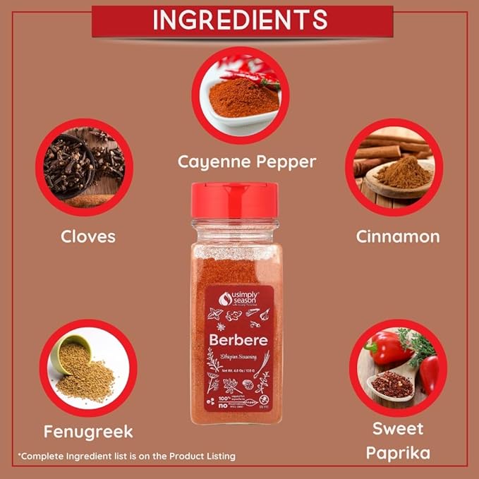 USimplySeason Berbere Spice, 4.8oz - Ethiopian Inspired Blend for Hearty Stews & Meats - Vegan, Non-GMO, Crafted in USA