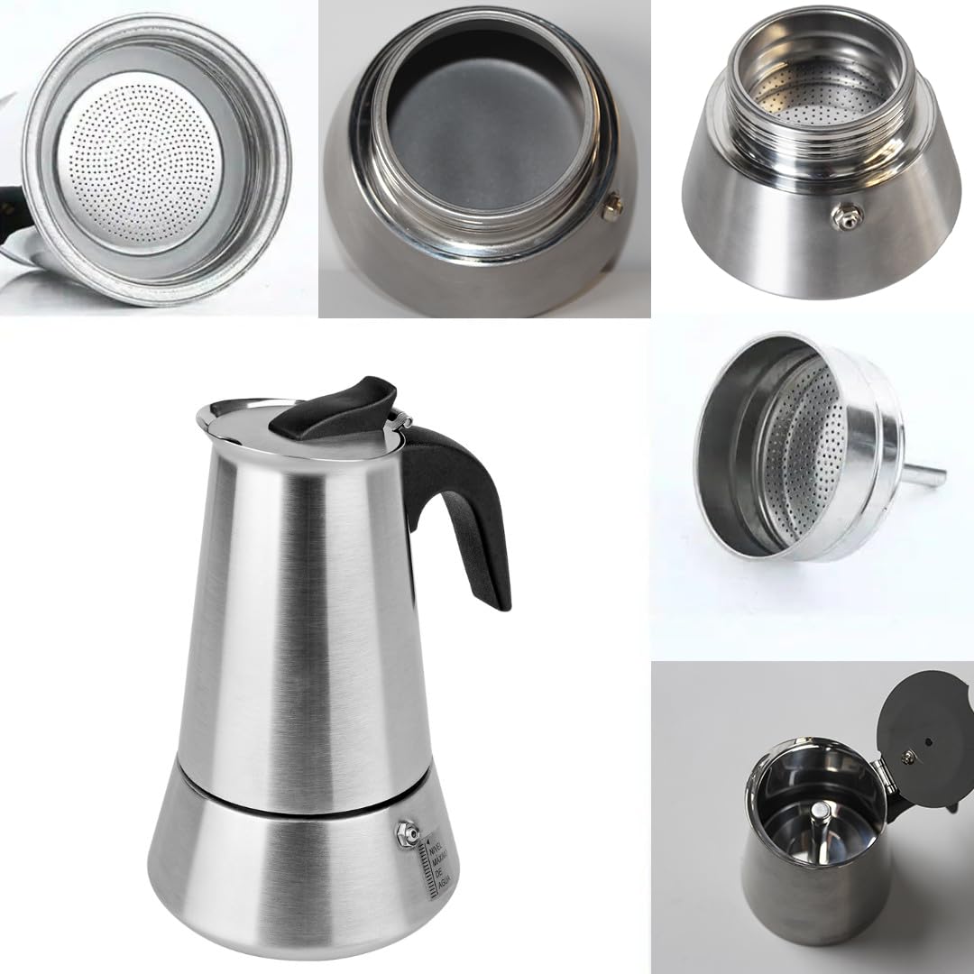 Solazzia 6 Cup Stovetop Espresso Maker Matte Stainless Steel Moka Pot Italian and Cuban Mocha