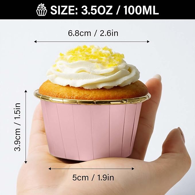 EUSOAR Cupcake Liners, 50pcs 3.5oz Aluminum Foil Wrappers Muffin Cupcake Containers, Disposable Dessert Ramekins Paper Baking Cups Mini Cheesecakes Holders for Birthday Wedding Party-Pink/Gold