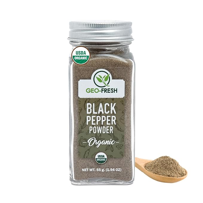 Geo-Fresh Organic Black Pepper Powder ??1.94 oz Glass Jar ??Black Pepper Ground ??USDA Certified ??Non-GMO, Kosher, Gluten-Free ??Premium Quality and Organic for Cooking & Seasoning