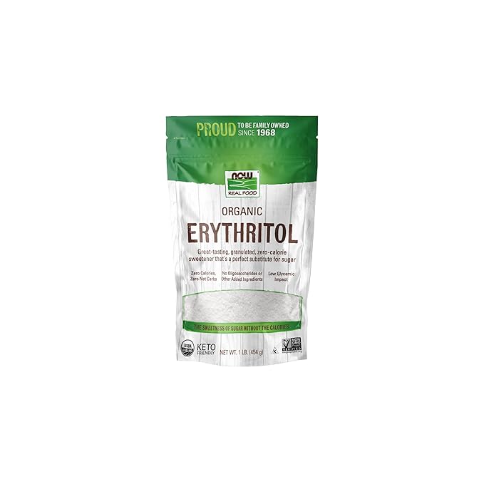 NOW Foods, Organic Erythritol, Pleasant Sweetner for Reduced-Calorie and Sugar-Free Recipes, Zero-Calorie, Low Glycemic Impact, 1-Pound (Packaging May Vary)