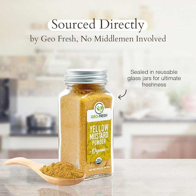 Geo-Fresh Organic Yellow Mustard Powder 1.76 oz - Dry Mustard Powder for Cooking - Ground Yellow Mustard Seed - Stone Ground Mustard - USDA Certified Organic, Non-GMO, Gluten-Free