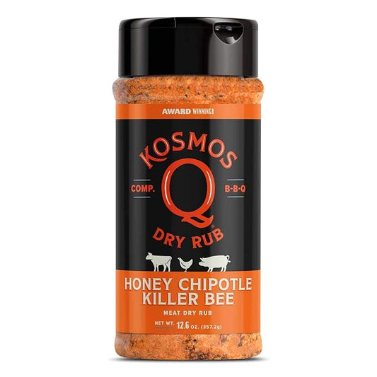 Kosmos Q Honey Chipotle Killer Bee BBQ Dry Rub, Sweet and Spicy Seasoning with Sugar, Chipotle, Garlic & Paprika for Ribs, Pulled Pork, Chicken, Dry Rub For Smoking & Grilling, 12.6 Oz Shaker Bottle
