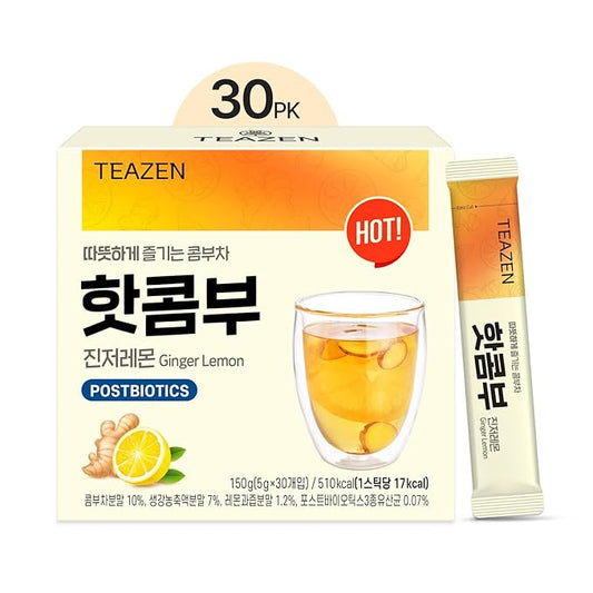 TEAZEN Lemon Ginger Hot Kombucha Tea, Live Probiotics & Postbiotics, Relaxation and Warmth for
