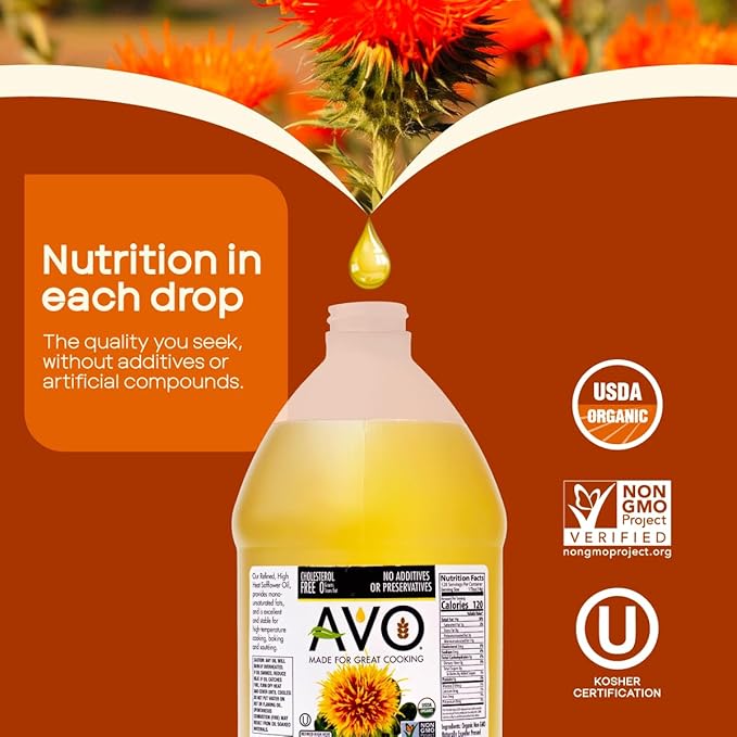 AVO Organic High Oleic Safflower Oil - Frying, Baking, Non-stick Saut챕ing, Salads, Vinaigrette, Marinades, Pan Coating, General Cooking 64 Fl-oz (Half a Gallon), No preservatives, Naturally Processed