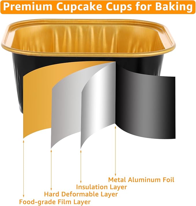 100 Pack Aluminum Foil Baking Cups with Lids, 5oz Mini Square Cupcake Cups, Disposable Muffin Tins Cupcake Liners for Brownie Cheesecake Wedding Party ??Black Gold