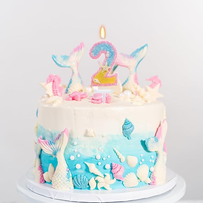 2nd Birthday Candle for Cake, Pink Beach Starfish Sequins Number Cake Candles, 2.76 inch Pink Cake Topper Decoration for Birthday Party (Number 2)
