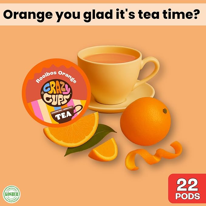 Crazy Cups Rooibos Orange Herbal Tea Pods, 22 Count | Naturally Caffeine Free, Kosher Certified, Zesty Orange & Rooibos Blend, K Cup Compatible, Gluten Free, Vegan, Relaxing Herbal Tea