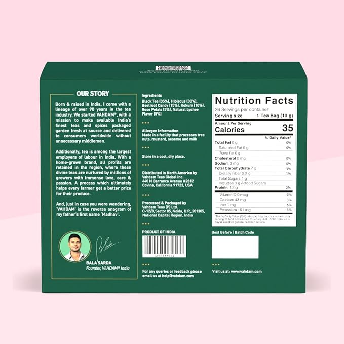 Lychee Rose Iced Tea Bags - 26 Pitcher Tea Bags | Zero Added Sugar | Makes 52 Quarts | Blended with Pure Lychee & Rose | Best for Mocktails & Cocktails | Plant-Based Biodegradable Tea Bags | VAHDAM