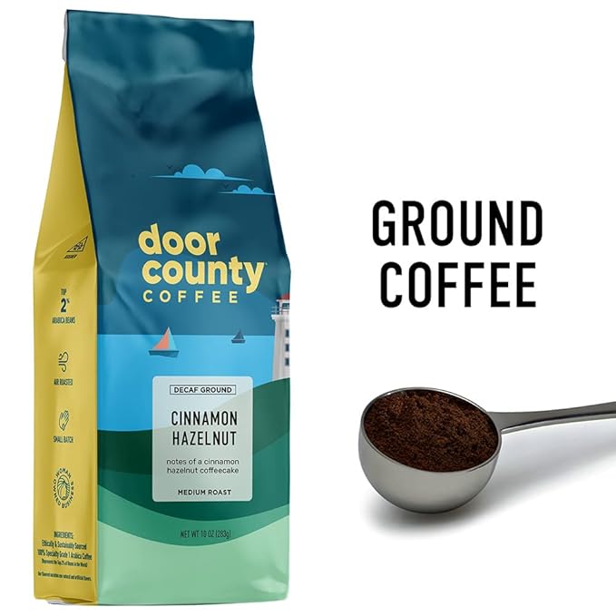 Door County Coffee Cinnamon Hazelnut DECAF Flavored - 10oz Bag - Ground Medium Roast -100% Arabica - Cinnamon Hazelnut DECAF