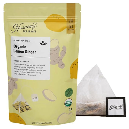 Heavenly Tea Leaves Organic Lemon Ginger (50 Pyramid Tea Bags), 100% Plastic Free, Bulk Compostable Herbal Tea Sachet - Premium Quality, Whole Tea Leaves in a Convenient Tea Bag