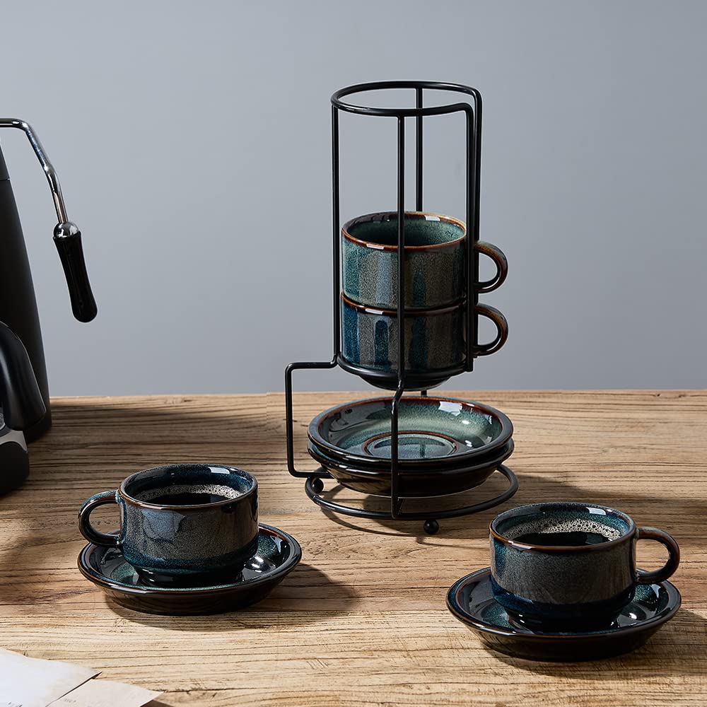 JIEMEI HOME Porcelain Stackable Espresso Cups with Saucers and Metal Stand, 4 Ounce Demitasse Cups
