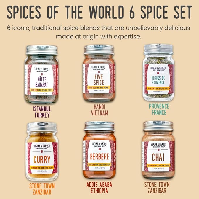 Burlap & Barrel Spices of the World 6-Pack Gift Set- As Seen on Shark Tank! Travel the World With 6 Delicious Spice Blends- Includes Chai, Five Spice & More - 6 Full Size Jars
