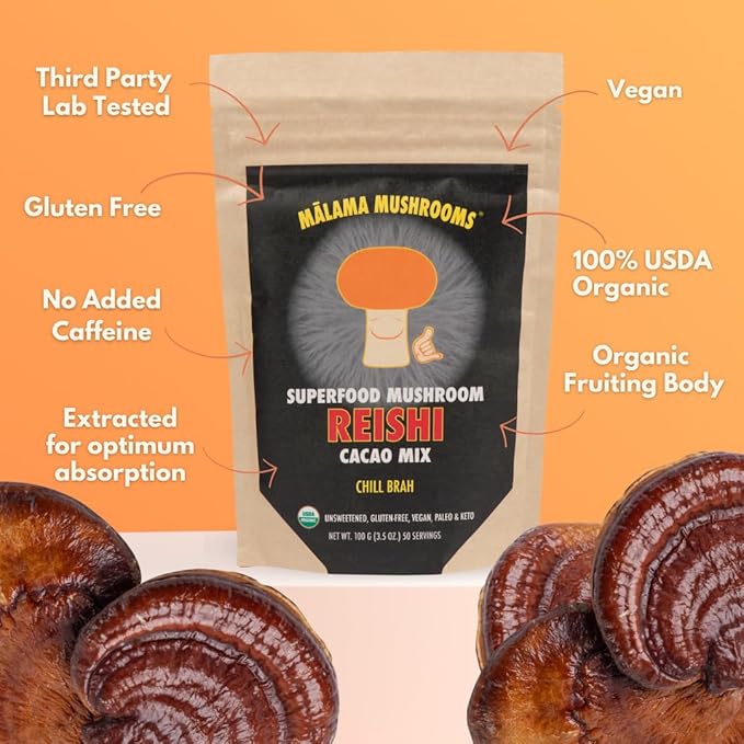 Malama Organic Mushroom Hot Cacao Mix, Reishi Mushroom Powder with Fair Trade Cacao for Immune Support & Relaxation ??Vegan Supplement & Superfood, Non GMO, 3.5 oz (50 Servings)
