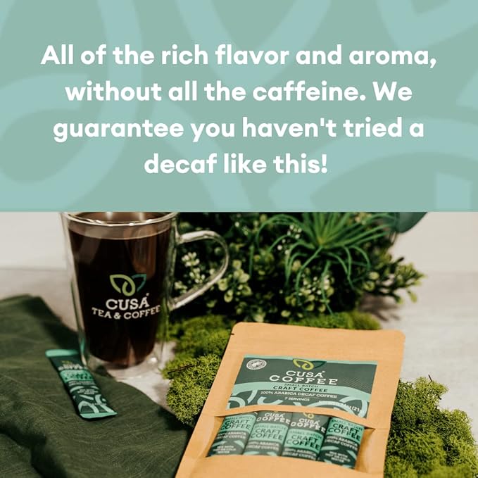 Cusa Tea & Coffee | Premium Instant 100% Arabica Decaf | Rainforest Alliance Certified Arabica Beans | Hot or Cold Brew Drink Mix Packets (7 Single Servings)