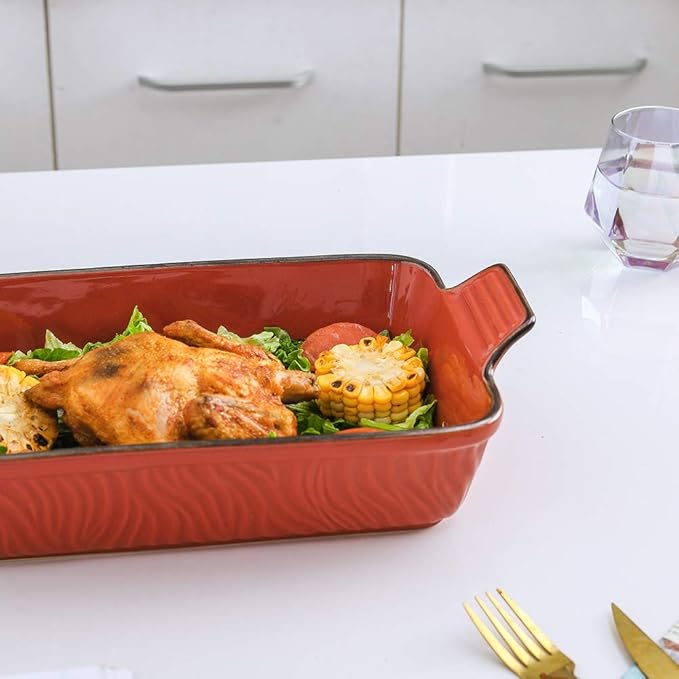 KOOV Bakeware Set, Ceramic Baking Dish Set, Rectangular Casserole Dish Set, Lasagna Pans for Cooking, Cake Dinner, Kitchen, 9 x 13 Inches, Texture Series 3-Piece (3 Piece, White)