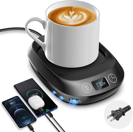 Coffee Mug Warmer,70W Coffee Warmer with 3 Charging Ports, Gravity Switch, with 3 Temperature Settings/Auto Shut-Off Function, Electric Beverage Warmer for Keep Coffee|Tea Hot