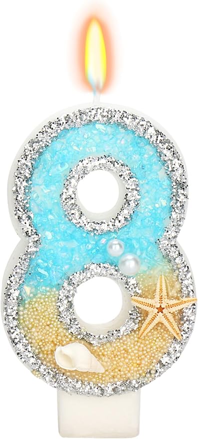 8th Birthday Candle for Cake, Beach Starfish Sequins Candles, 2.76 inch Cake Topper Decoration for Birthday Party (Number 8)