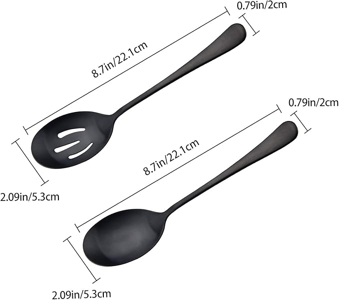 Serving Spoons Set, Black Stainless Steel, 8.7 Inch, Slotted and Solid Serving Utensils for Party Buffet Dinner Banquet Cooking Kitchen Basics, Mirror Finish Flatware, 4 Piece