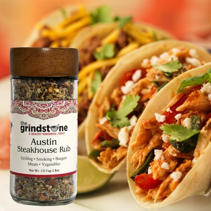 The Grindstone, Austin Steak Rub, Salt-Free dry rub for steaks, tacos, burgers, veggie burgers, stuffing, glass Jar with sifter, 2.8 oz, Pack of 2