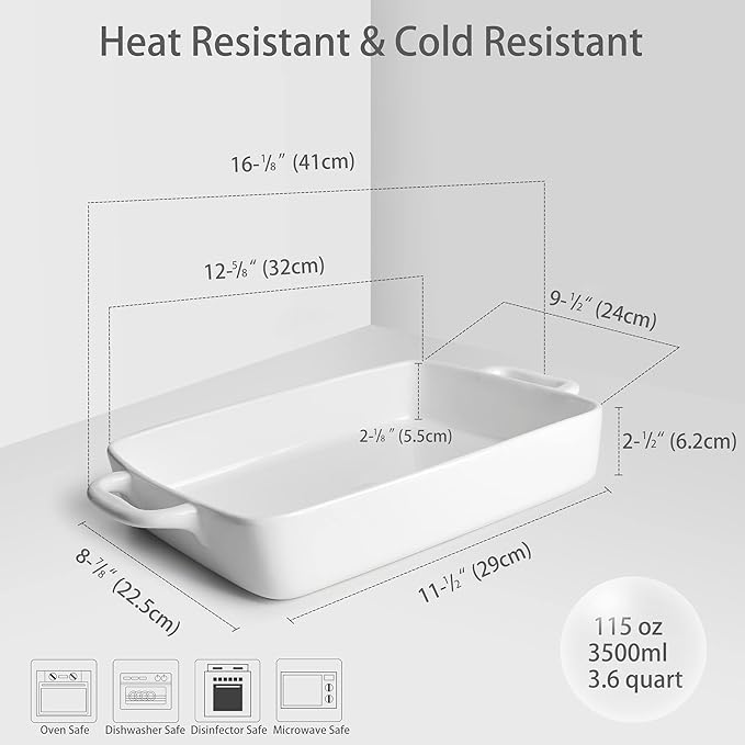 Baking Pan Rectangular, Oven Dish Baking Tray, Heavy Duty Ceramic Pans for Cake, Lasagna, Banquet and Daily Use, 3.6 Quart High Capacity