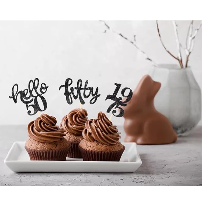 24 Pcs Black Glitter 50th Birthday Cupcake Toppers for 50th Birthday Celebrating Party Decorations