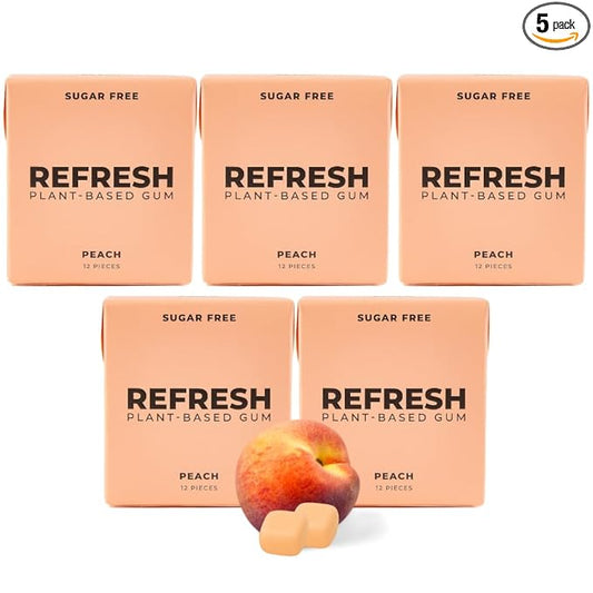 Refresh Gum Fruit Variety Pack – Xylitol, Sugar Free Chewing Gum, Natural Flavor & Organic Ingredients – Long Lasting, Plant-Based, Non-GMO – 12 Pieces, 5 Pack (12 Count (Pack of 5), Peach)