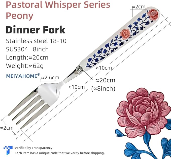 20cm 8inch Dinner Fork Soup Spoon 18-10 Stainless Steel Mirror Smooth Polished Ceramic Handle,Peony Pastoral Whisper Style Table Forks, SUS304 Steak Fork (1 PCS Fork+1 PCS Spoon Peony)