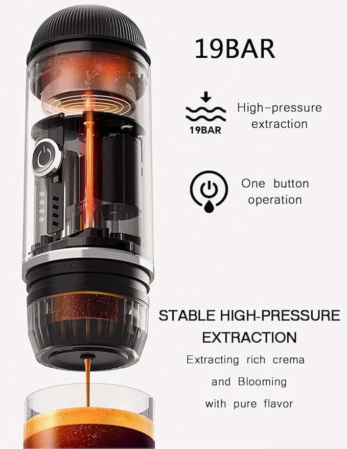 Portable Espresso Coffee Maker Electric Expresso Maker Self Heating Battery Powered, 19 Bar Pressure, Coffee Machine with Ground Coffee & NS Capsule for Travel,Outdoors竊똂amping,RV,Hiking,Office(Black)