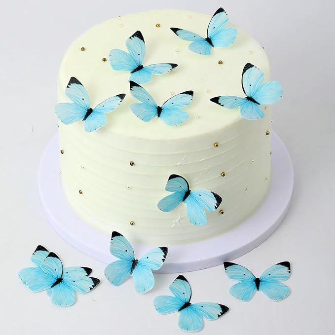 50PCS Edible Butterfly Cake Decorations Wafer Paper Butterflies Cake Cupcake Toppers for Women Girls' Birthday Anniversary Wedding Baby shower party Butterfly Fairy Cake Decor Light Blue