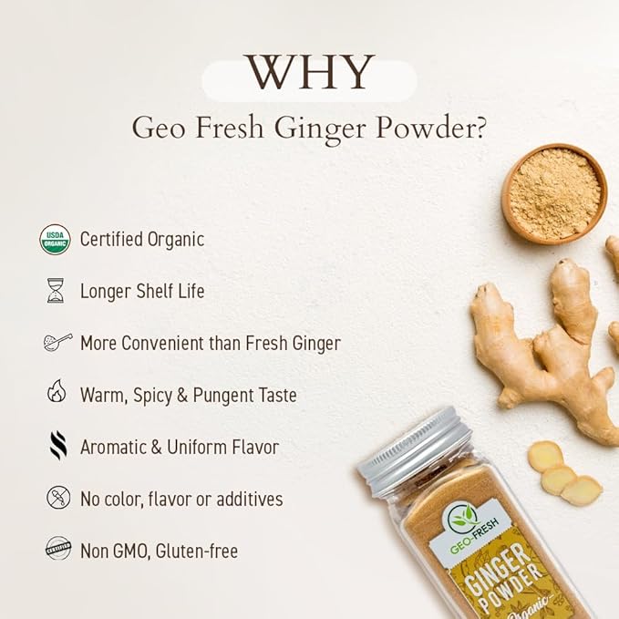 Geo-Fresh Organic Ginger Powder 1.4 oz - Ground Ginger Powder Organic Raw - USDA Certified, Non-GMO, Kosher, Gluten-Free - Premium Spice and Seasoning for Cooking & Baking
