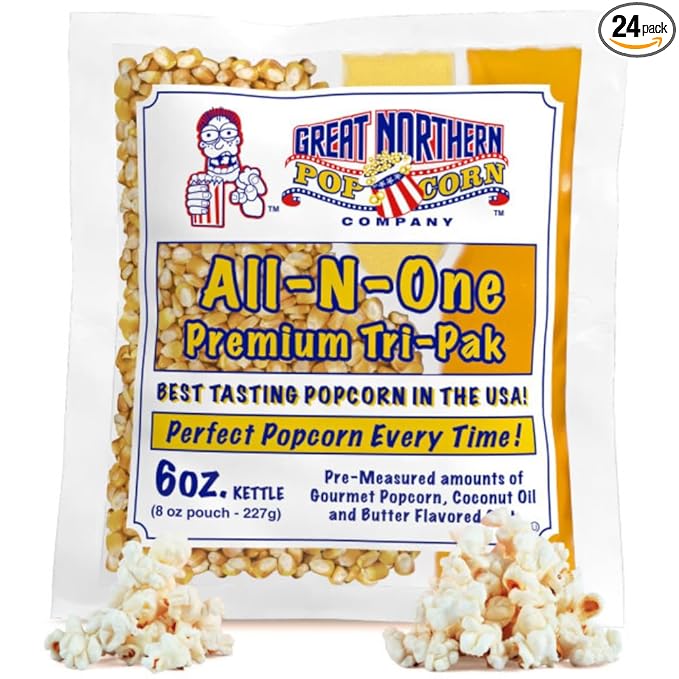 6oz Popcorn Machine Popcorn Packets - All-in-One Movie Theater Style Popcorn Kernels, Salt, and Oil Packs by Great Northern Popcorn, 6 Ounce (Pack of 24)