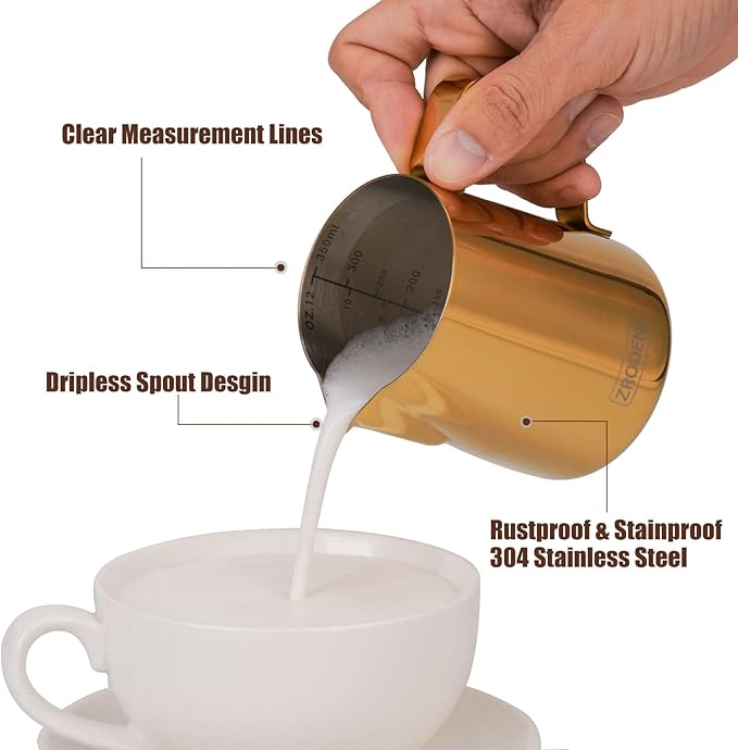 Milk Frothing Pitcher, 12oz Espresso Steaming Pitchers Stainless Steel Milk Coffee Cappuccino Barista Steam Pitchers Milk Jug Cup with Decorating Pen Latte Art, Gold