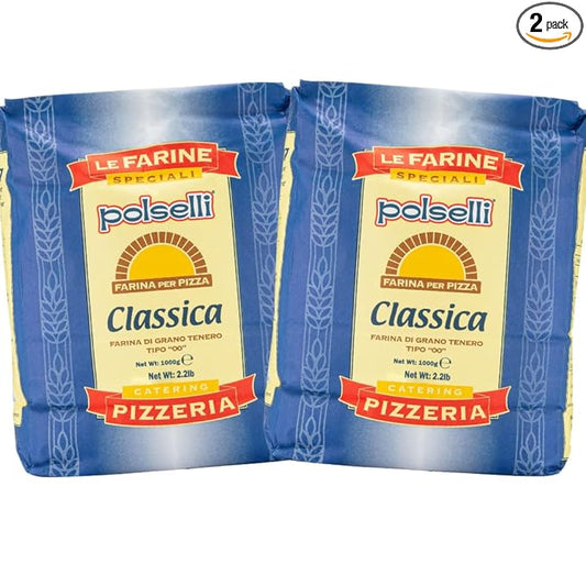 POLSELLI 2 PACK, Classica, Type 00 Flour, Tipo OO, All Natural, No Additives, Unbromated for Pizza, Bread, Pasta, and Baking, 2 pack x 1 kg (2.2 lbs)
