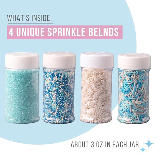 Sweets Indeed Christmas Sprinkles, 4 Pack, Snowflake Edible Sprinkle Mix, Perfect for Frozen Cake Decorations, Baking, Ice Cream, Cookies, Cupcake Topper (Winter)