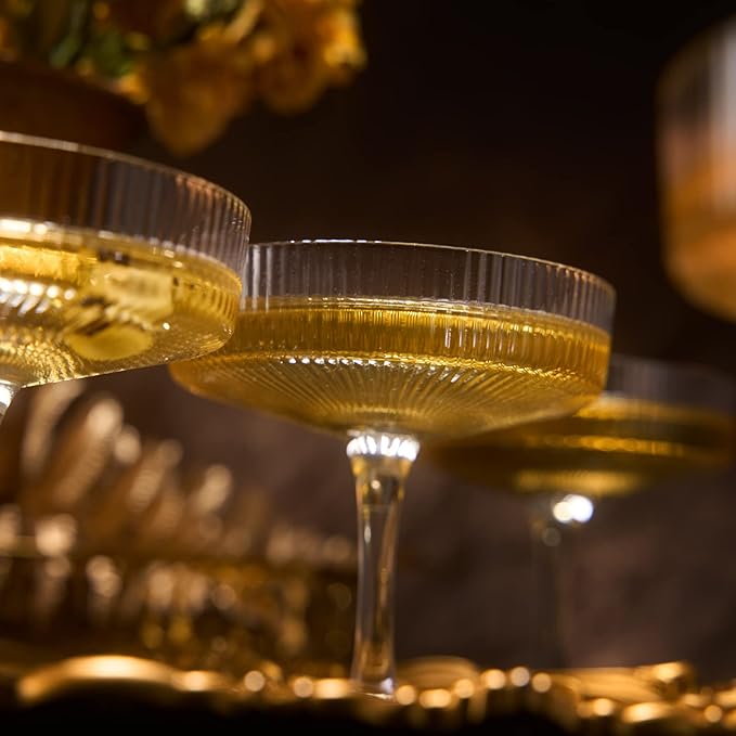 Khen Crystal Glass Ribbed Vintage Art Deco Coupe - 8oz. Set of 12 Crystal Glasses - Weddings & Parties, Champagne Tower, Hosting Essentials, Champagne & Cocktail Goblet Stemmed Ripple Coupes Glassware