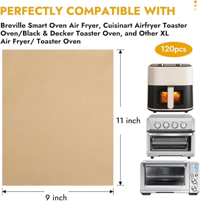 BYKITCHEN 11 x 9in Air Fryer Parchment Paper Sheet Liners Compatible with Breville Smart Oven Air Fryer Pro BOV900BSS/ Cuisinart Airfryer Toaster Oven, Airfryer Toaster Combo Accessories(120pcs)