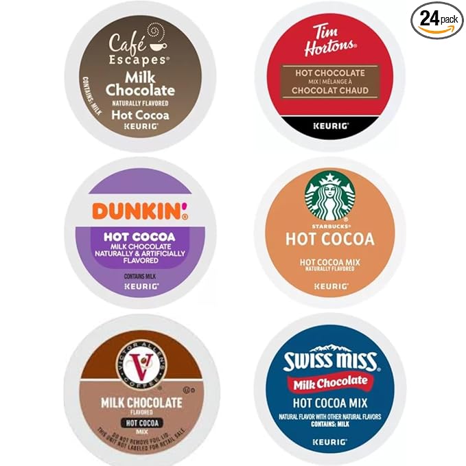 Milk Chocolate Hot Cocoa K-Cups Pods Variety Sampler. Includes Swiss Miss, Cafe Escapes, Starbucks, Tim Hortons, Victor Allen's and Dunkin. 24 Count