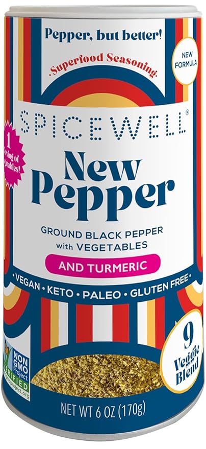 Spicewell - New Pepper Shaker - Ayurvedic Black Pepper with Turmeric, 21 Plant-Based Vitamins and Minerals - Fine Ground, Fresh Cracked Flavor - 6oz