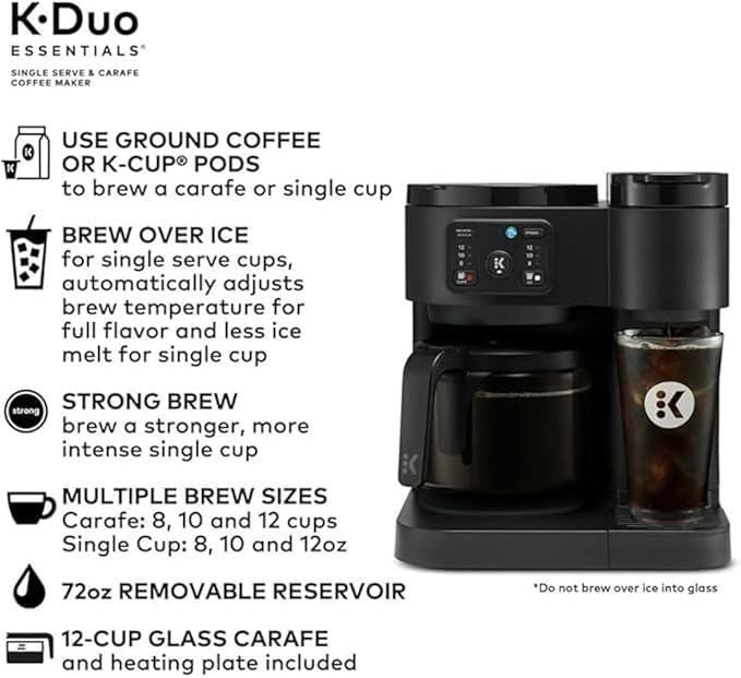 2-in-1 Hot & Iced Coffee Maker for Pods & Grounds ??12-Cup Glass Carafe & Single-Serve Brewer, 72oz Reservoir, Strong Brew, Extra Hot, Brew Over Ice, MultiStream Tech, Compact Design (Black)
